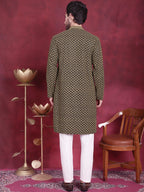 Jompers Men's Sequins Embroidered Kurta with Pyjama - Mehndi | Grocsy