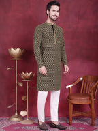 Jompers Men's Sequins Embroidered Kurta with Pyjama - Mehndi | Grocsy