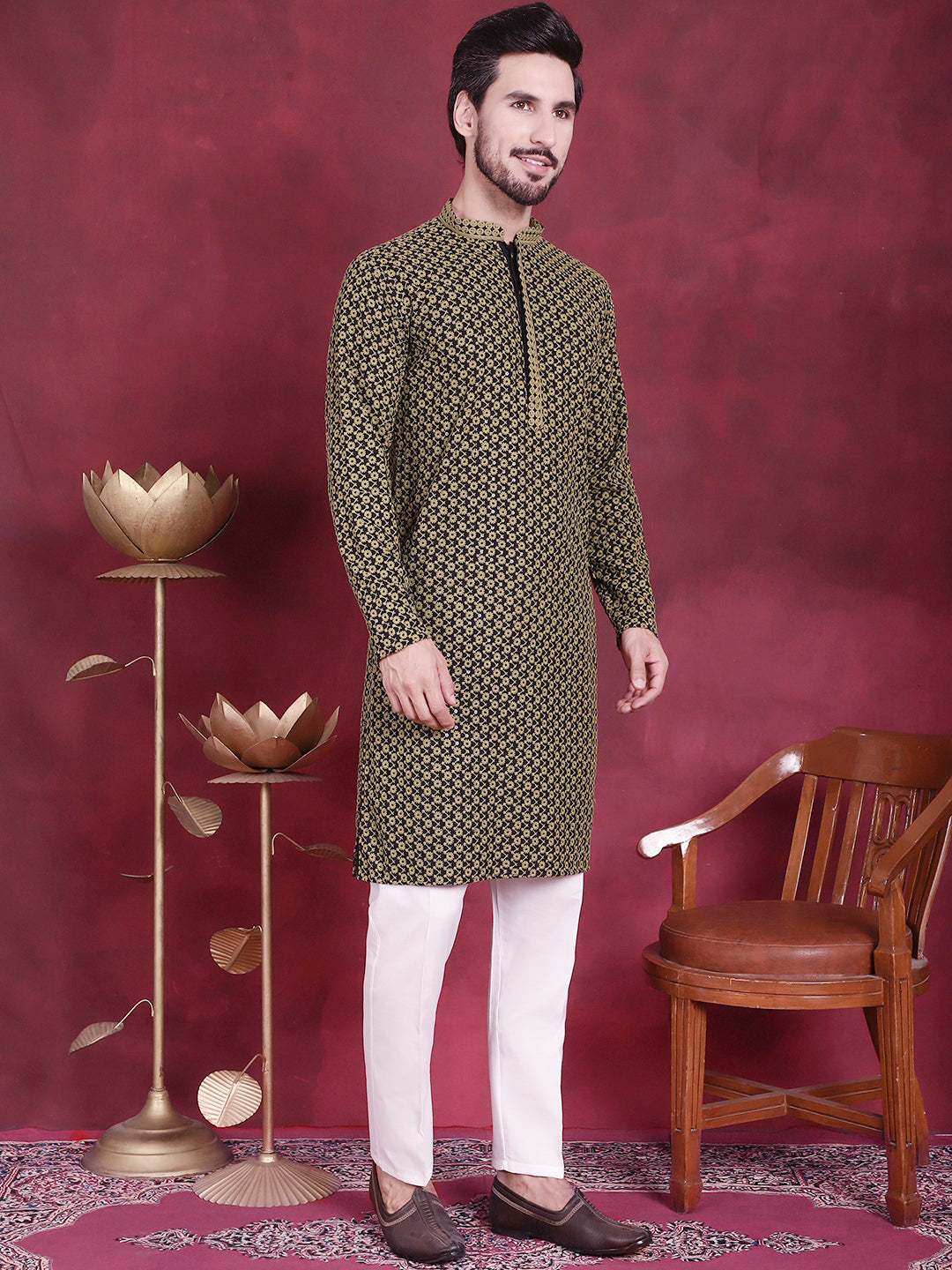 Jompers Men's Sequins Embroidered Kurta with Pyjama - Mehndi | Grocsy