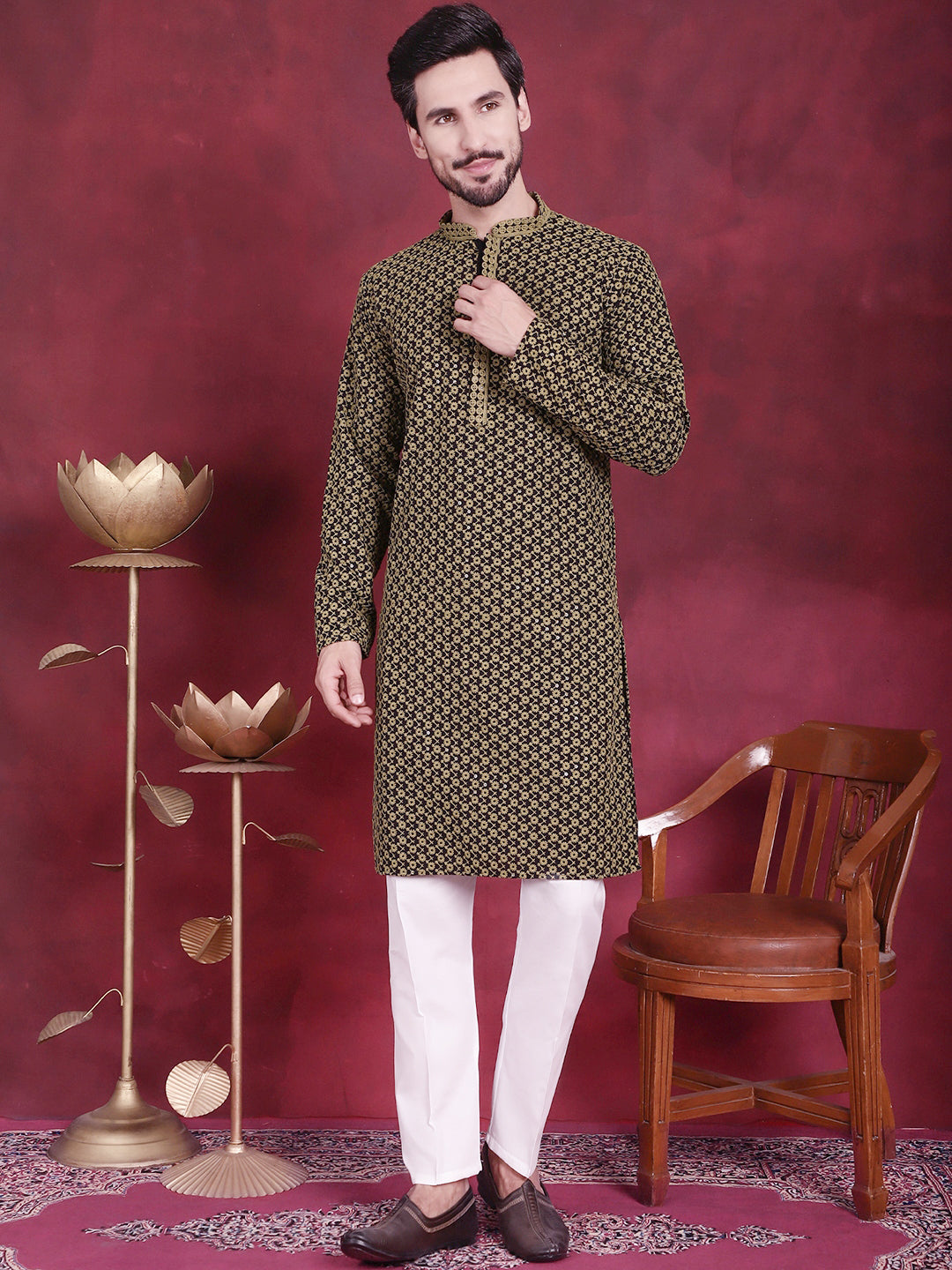 Jompers Men's Sequins Embroidered Kurta with Pyjama - Mehndi | Grocsy