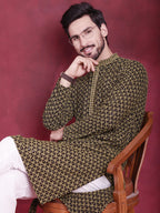 Jompers Men's Sequins Embroidered Kurta with Pyjama - Mehndi | Grocsy