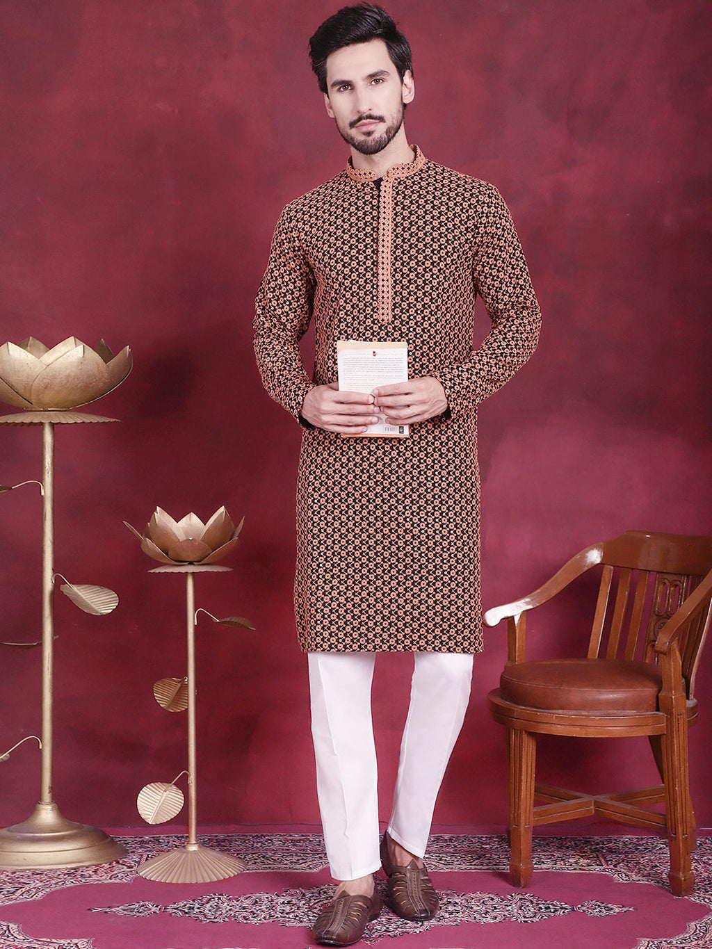 Jompers Men's Sequins Embroidered Kurta with Pyjama - Orange | Grocsy