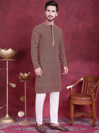 Jompers Men's Sequins Embroidered Kurta with Pyjama - Orange | Grocsy