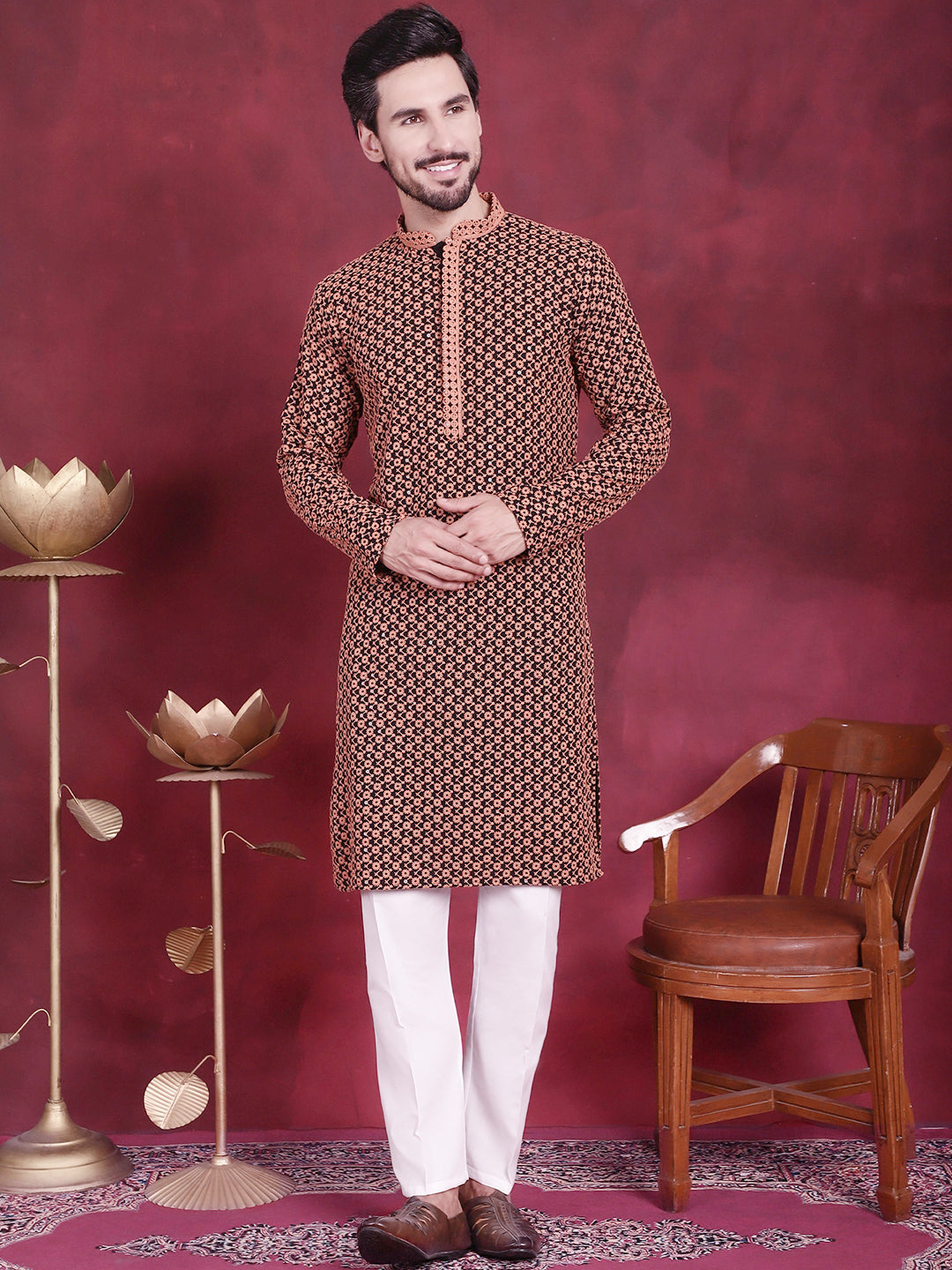 Jompers Men's Sequins Embroidered Kurta with Pyjama - Orange | Grocsy