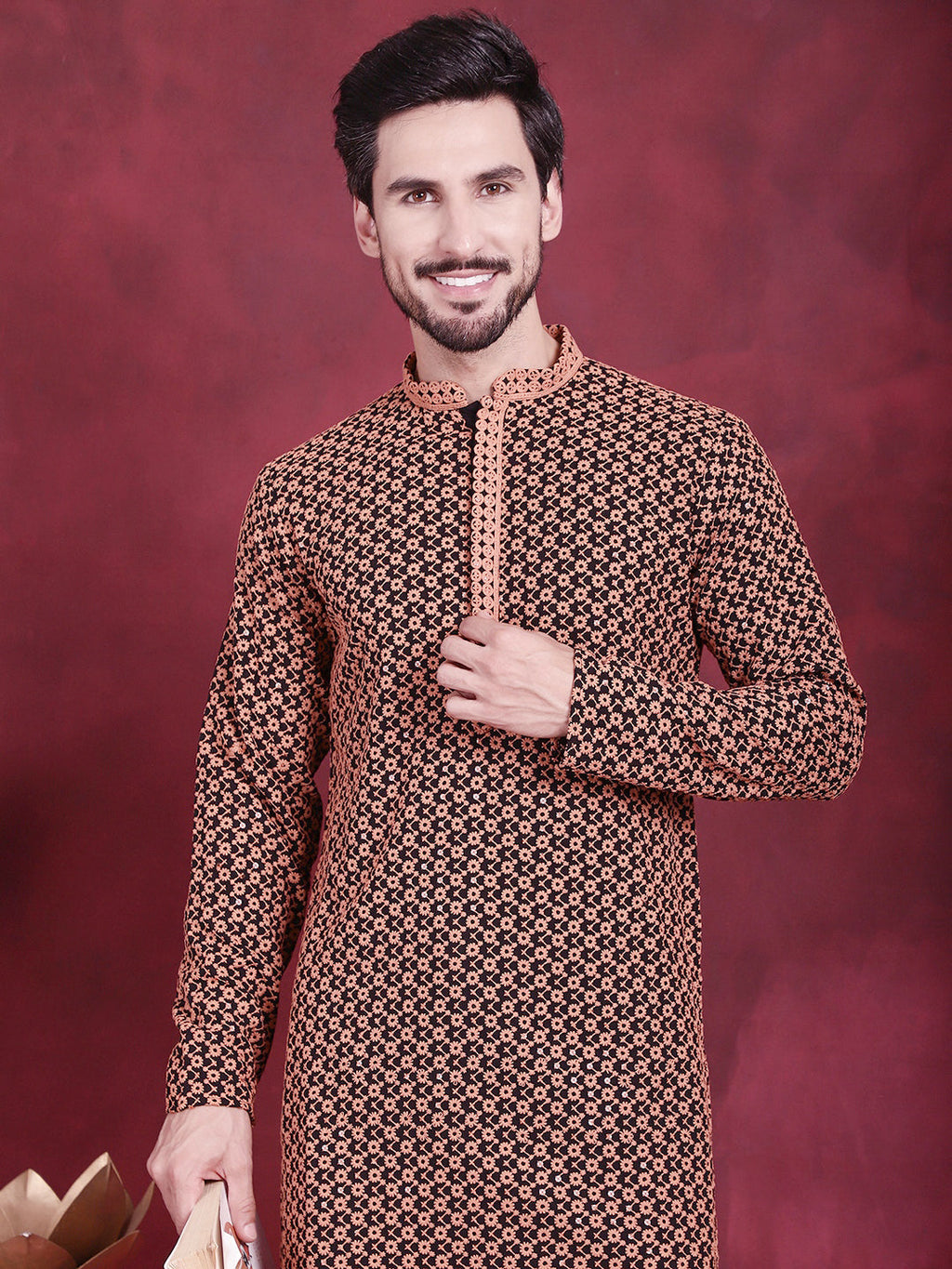 Jompers Men's Sequins Embroidered Kurta with Pyjama - Orange | Grocsy