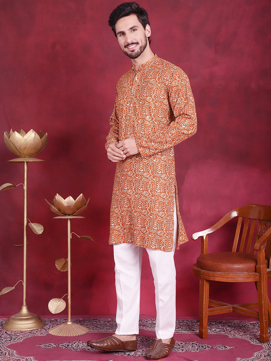 Jompers Men's Digital Printed Kurta with Pyjama - Mustard | Grocsy