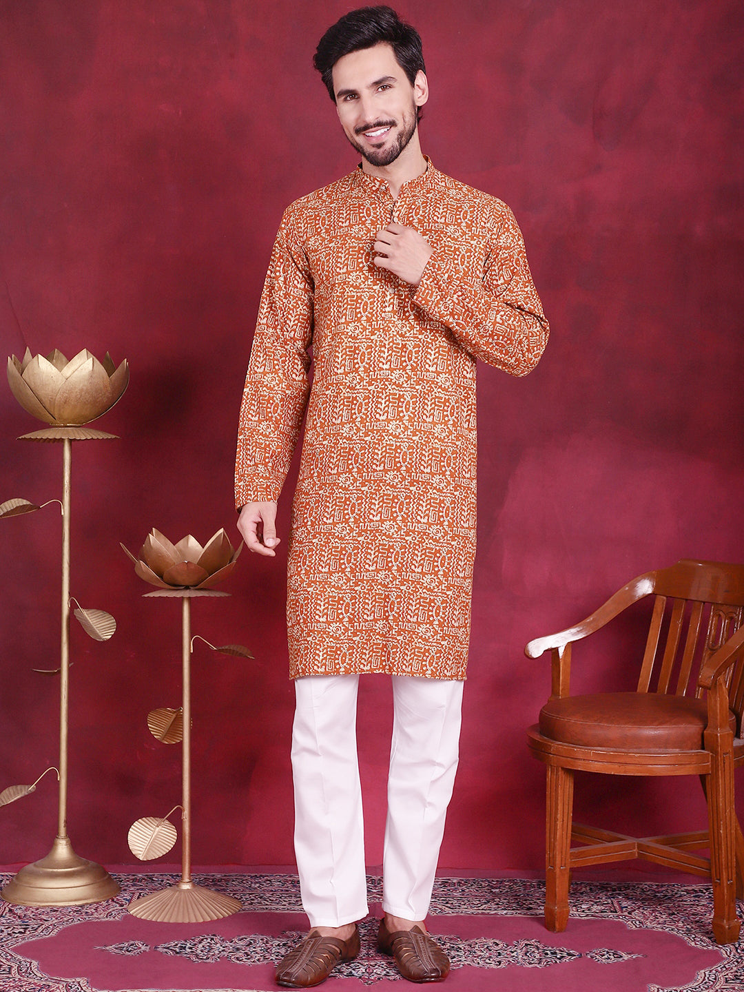 Jompers Men's Digital Printed Kurta with Pyjama - Mustard | Grocsy