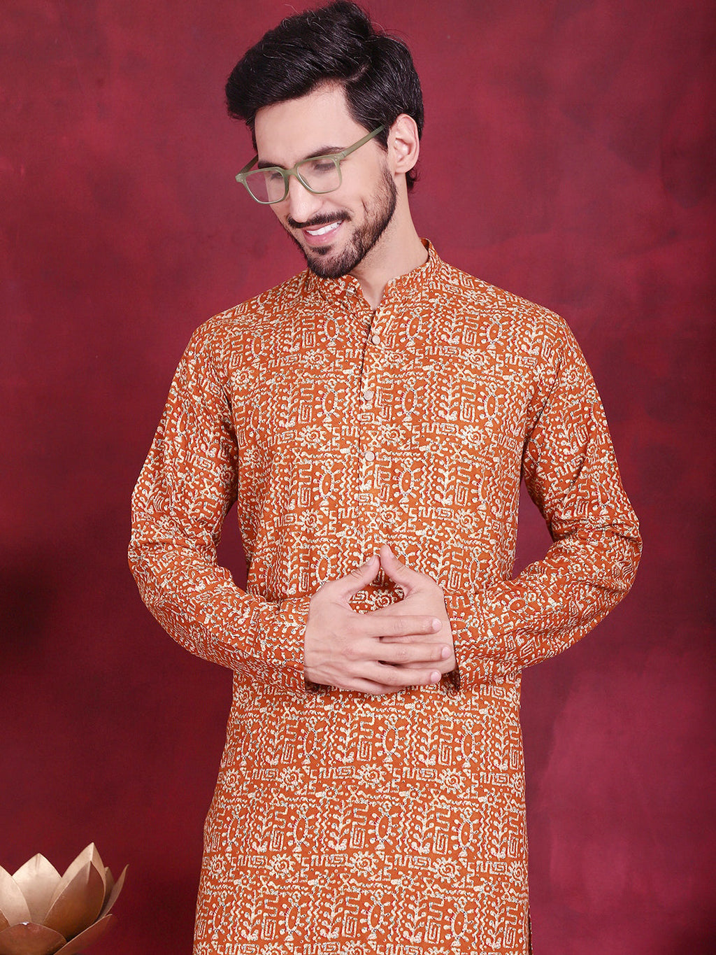 Jompers Men's Digital Printed Kurta with Pyjama - Mustard | Grocsy