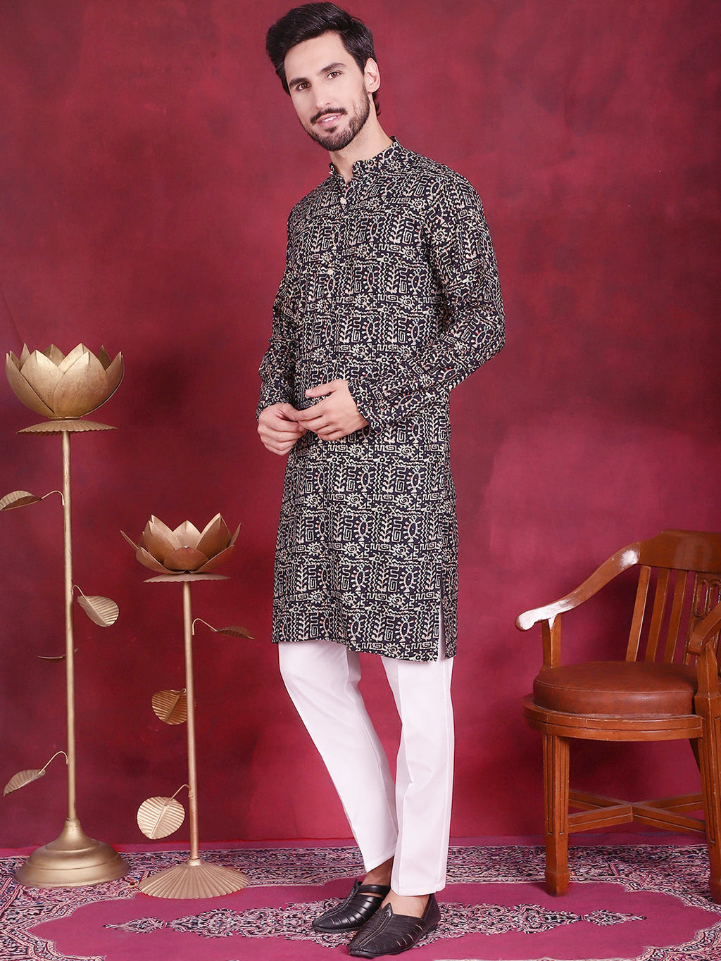 Jompers Men's Digital Printed Kurta with Pyjama - Navy Blue | Grocsy