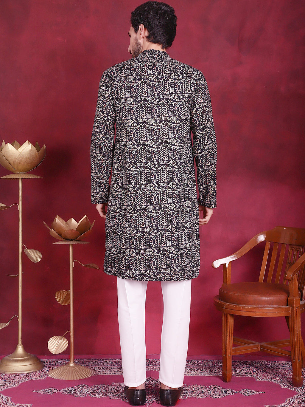 Jompers Men's Digital Printed Kurta with Pyjama - Navy Blue | Grocsy