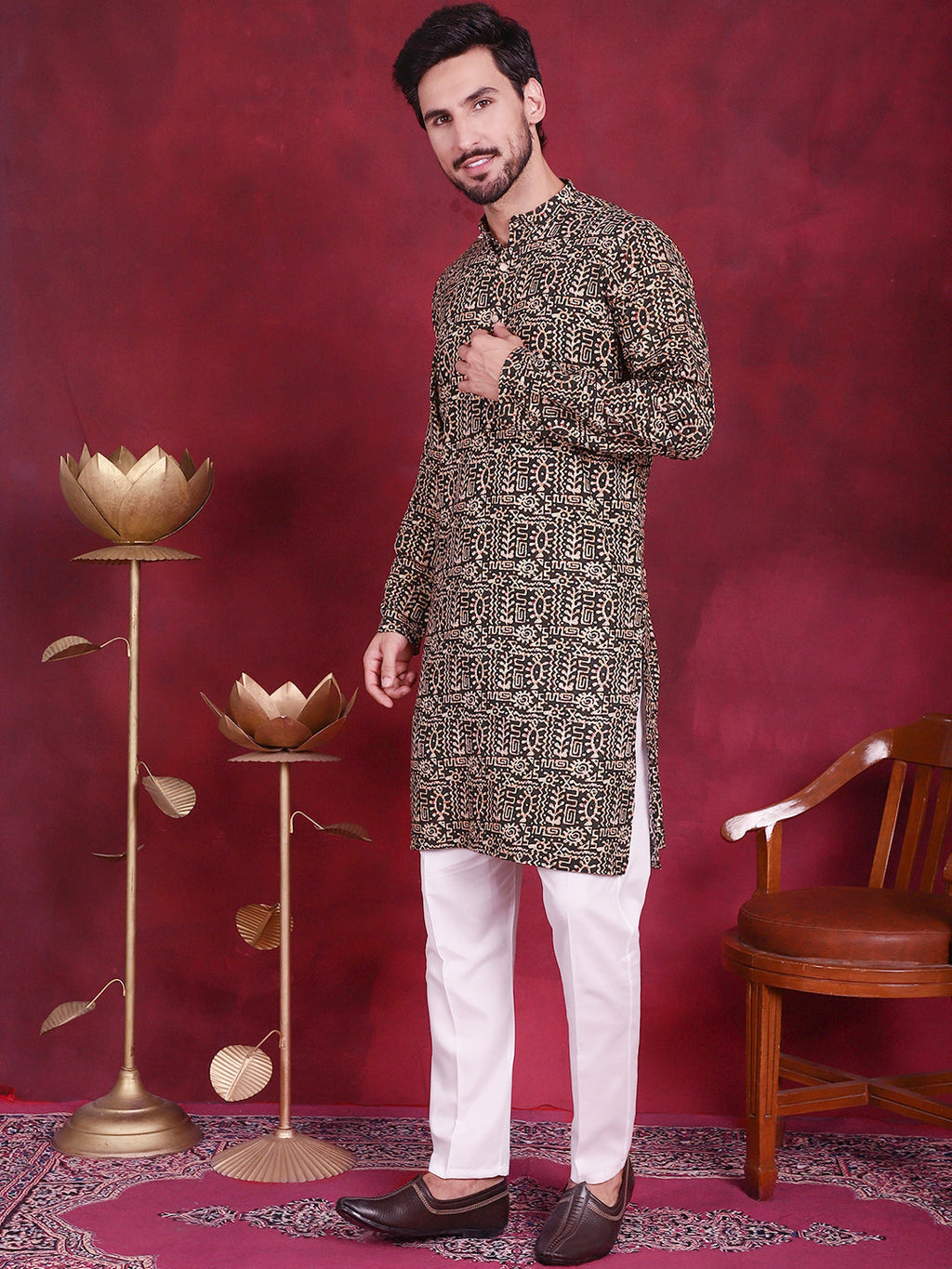 Jompers Men's Digital Printed Kurta with Pyjama - Olive | Grocsy
