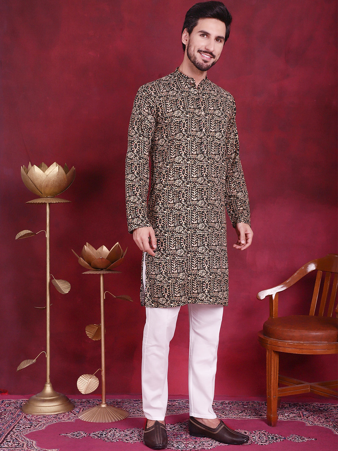 Jompers Men's Digital Printed Kurta with Pyjama - Olive | Grocsy