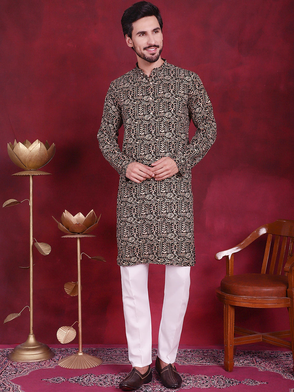 Jompers Men's Digital Printed Kurta with Pyjama - Olive | Grocsy