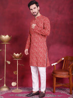 Jompers Men's Digital Printed Kurta with Pyjama - Red | Grocsy