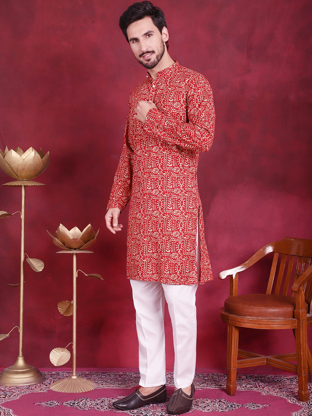 Jompers Men's Digital Printed Kurta with Pyjama - Red | Grocsy