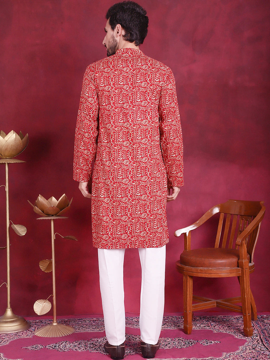 Jompers Men's Digital Printed Kurta with Pyjama - Red | Grocsy