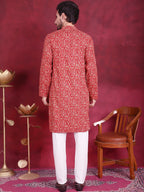 Jompers Men's Digital Printed Kurta with Pyjama - Red | Grocsy