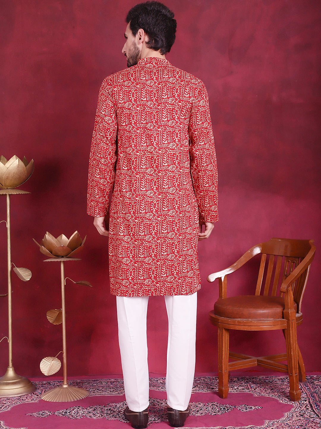 Jompers Men's Digital Printed Kurta with Pyjama - Red | Grocsy