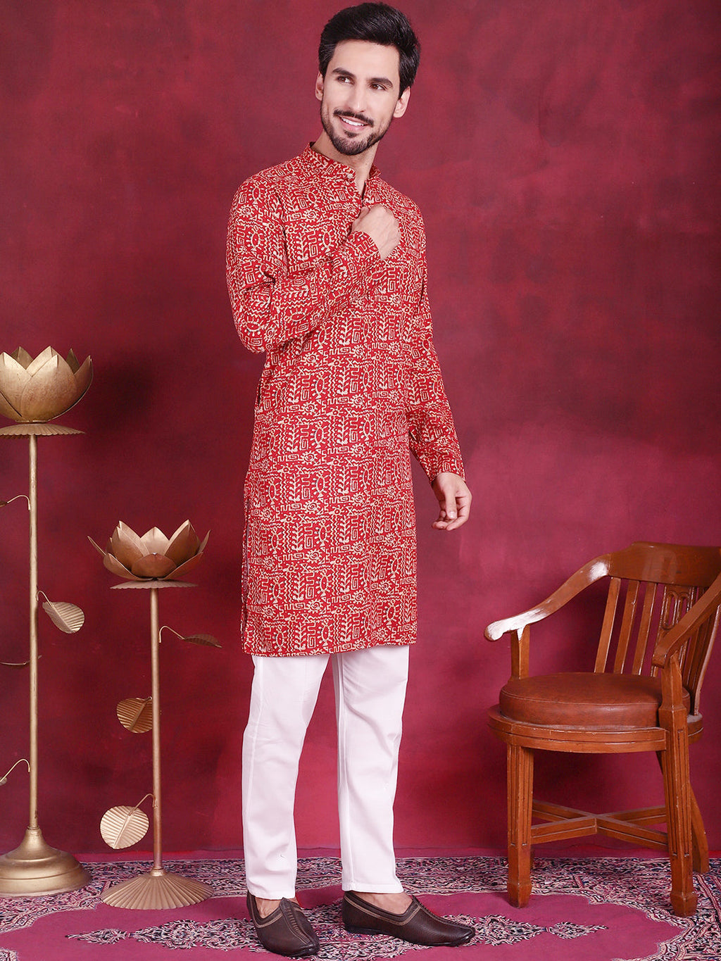 Jompers Men's Digital Printed Kurta with Pyjama - Red | Grocsy