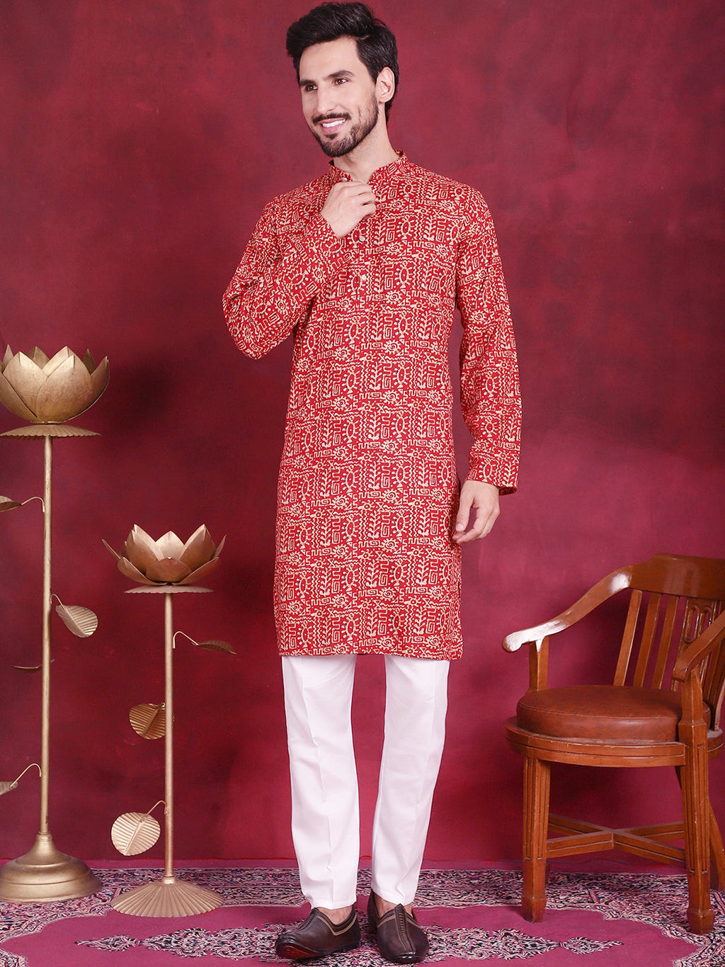 Jompers Men's Digital Printed Kurta with Pyjama - Red | Grocsy