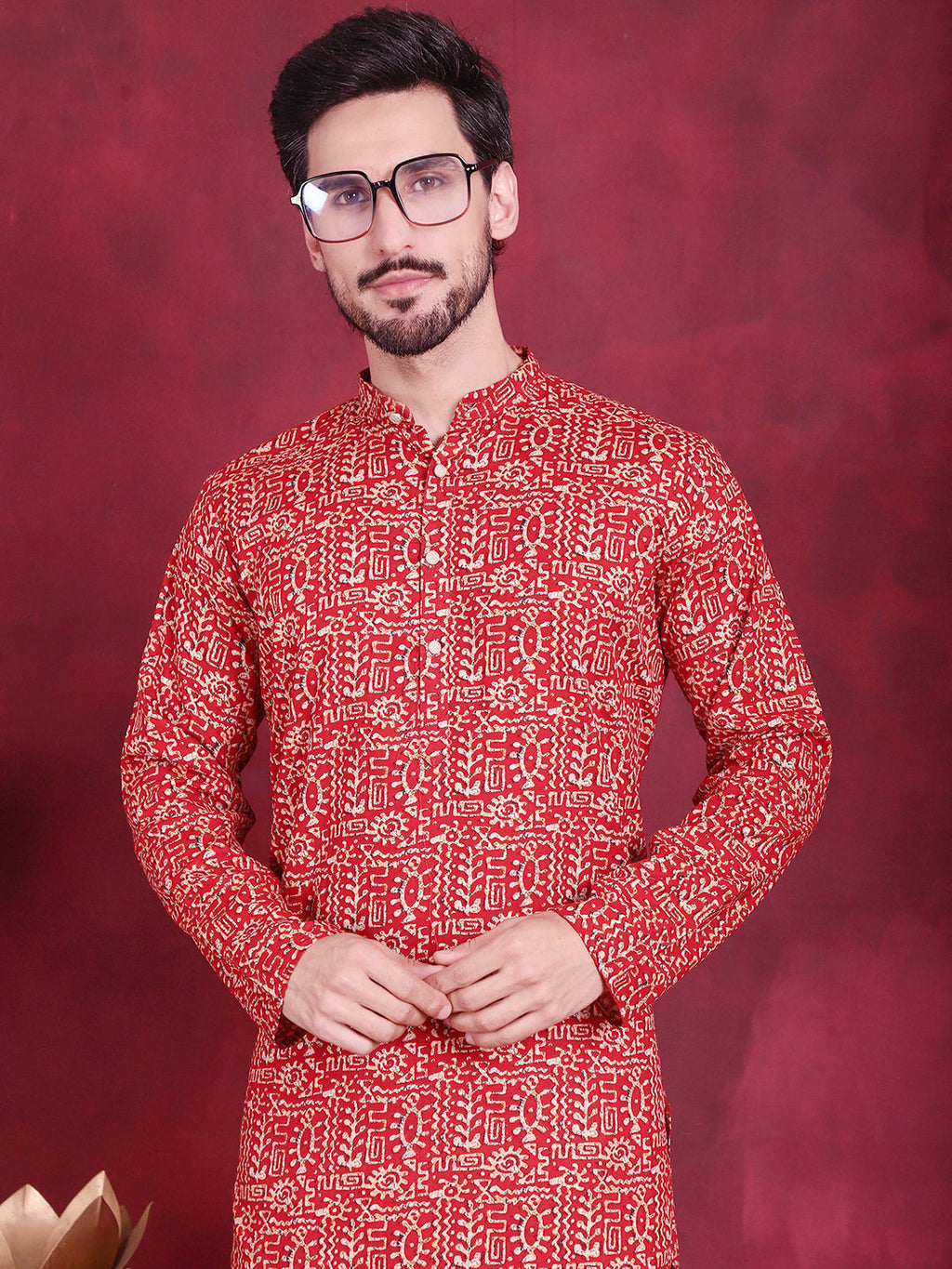 Jompers Men's Digital Printed Kurta with Pyjama - Red | Grocsy