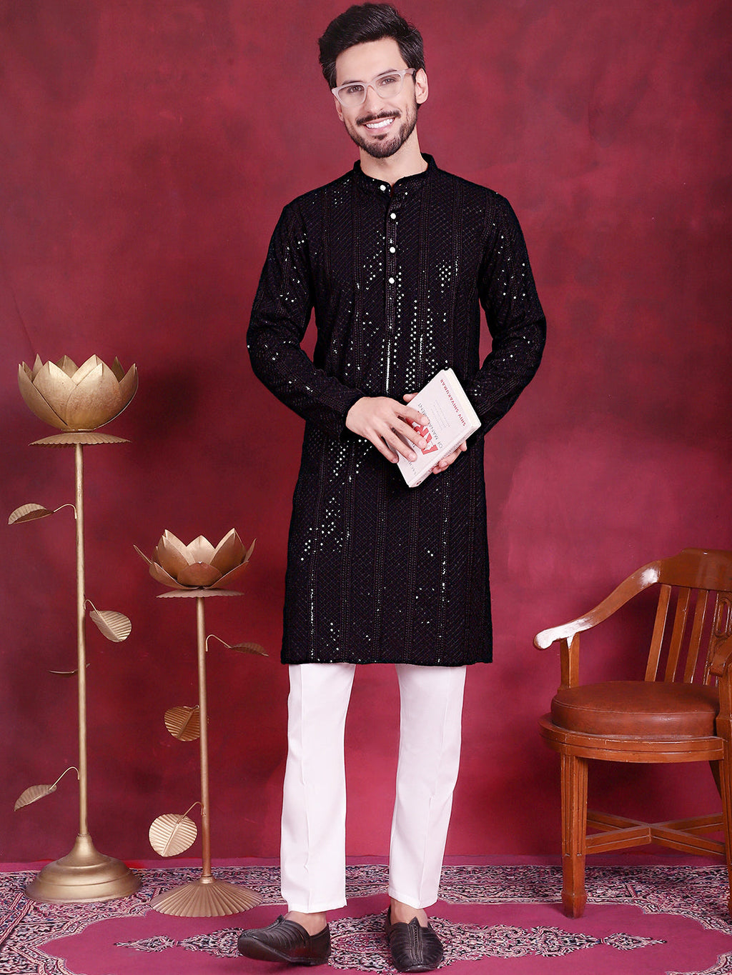 Jompers Men's Sequins Chikankari Embroidered Kurta with Pyjama - Black | Grocsy