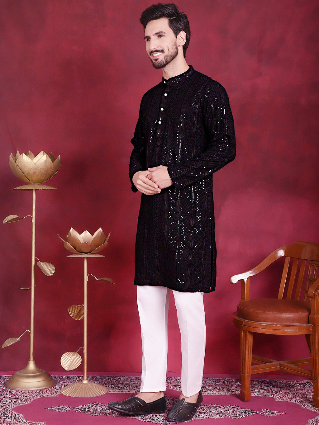 Jompers Men's Sequins Chikankari Embroidered Kurta with Pyjama - Black | Grocsy