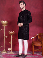 Jompers Men's Sequins Chikankari Embroidered Kurta with Pyjama - Black | Grocsy