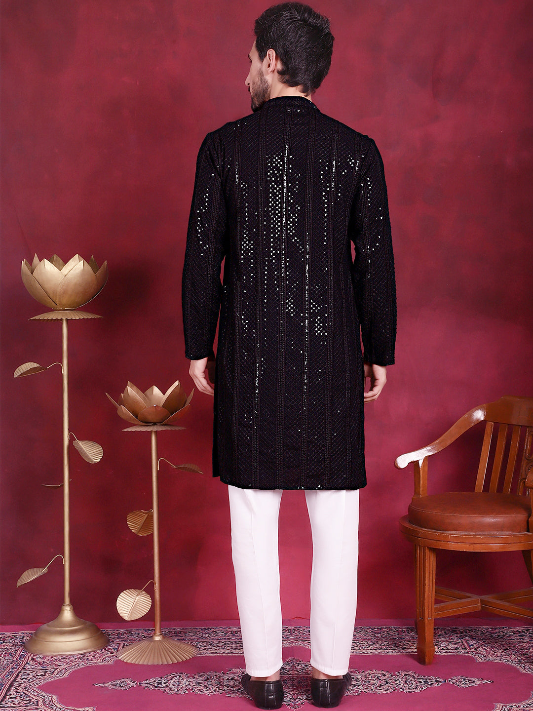 Jompers Men's Sequins Chikankari Embroidered Kurta with Pyjama - Black | Grocsy
