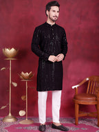 Jompers Men's Sequins Chikankari Embroidered Kurta with Pyjama - Black | Grocsy