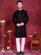 Jompers Men's Sequins Chikankari Embroidered Kurta with Pyjama - Black | Grocsy