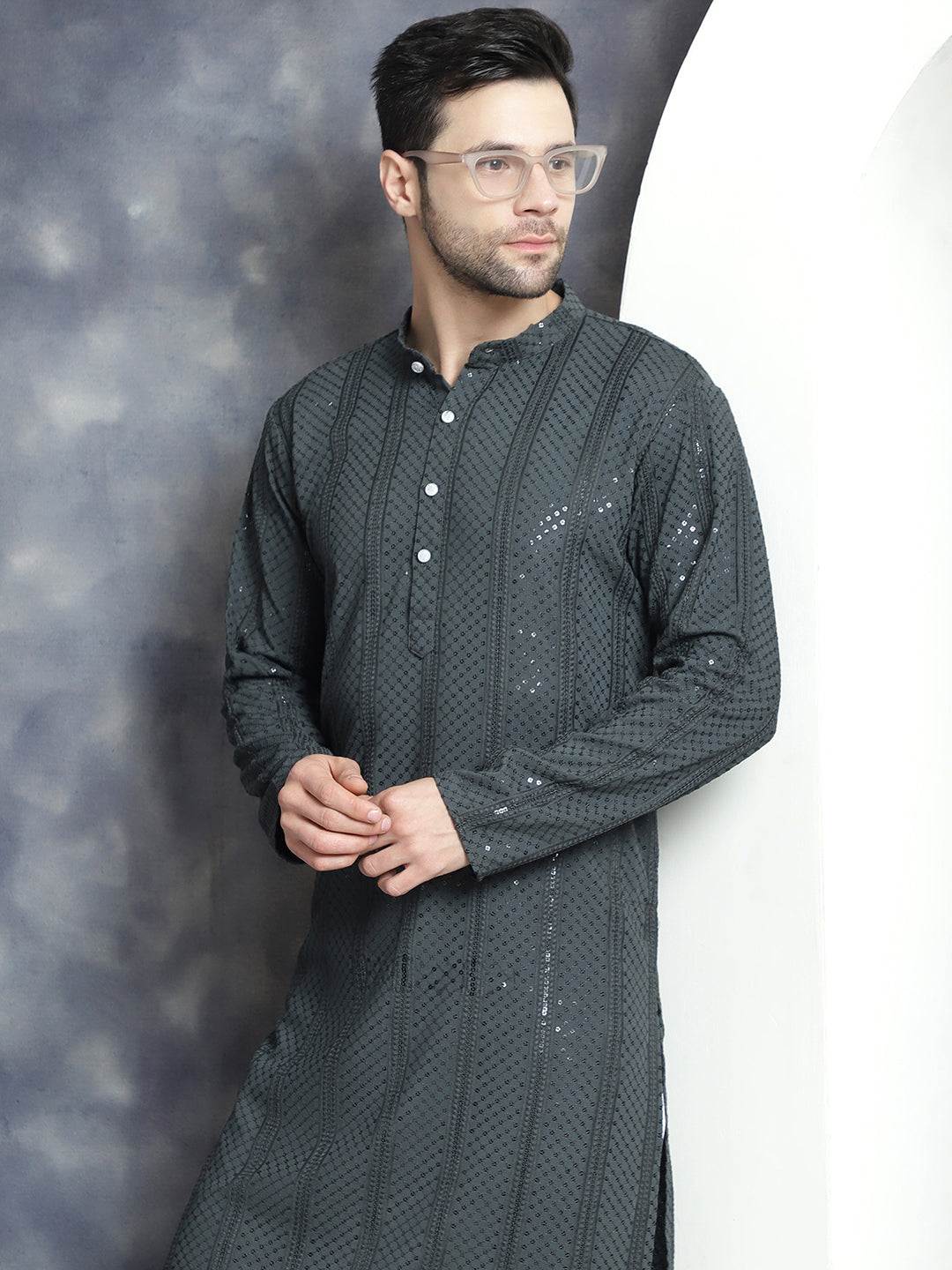 Jompers Men's Sequins Chikankari Embroidered Kurta with Pyjama - Grey | Grocsy