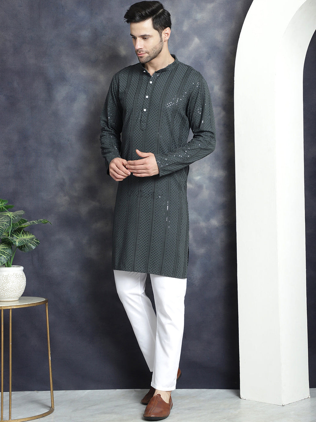 Jompers Men's Sequins Chikankari Embroidered Kurta with Pyjama - Grey | Grocsy