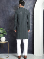 Jompers Men's Sequins Chikankari Embroidered Kurta with Pyjama - Grey | Grocsy