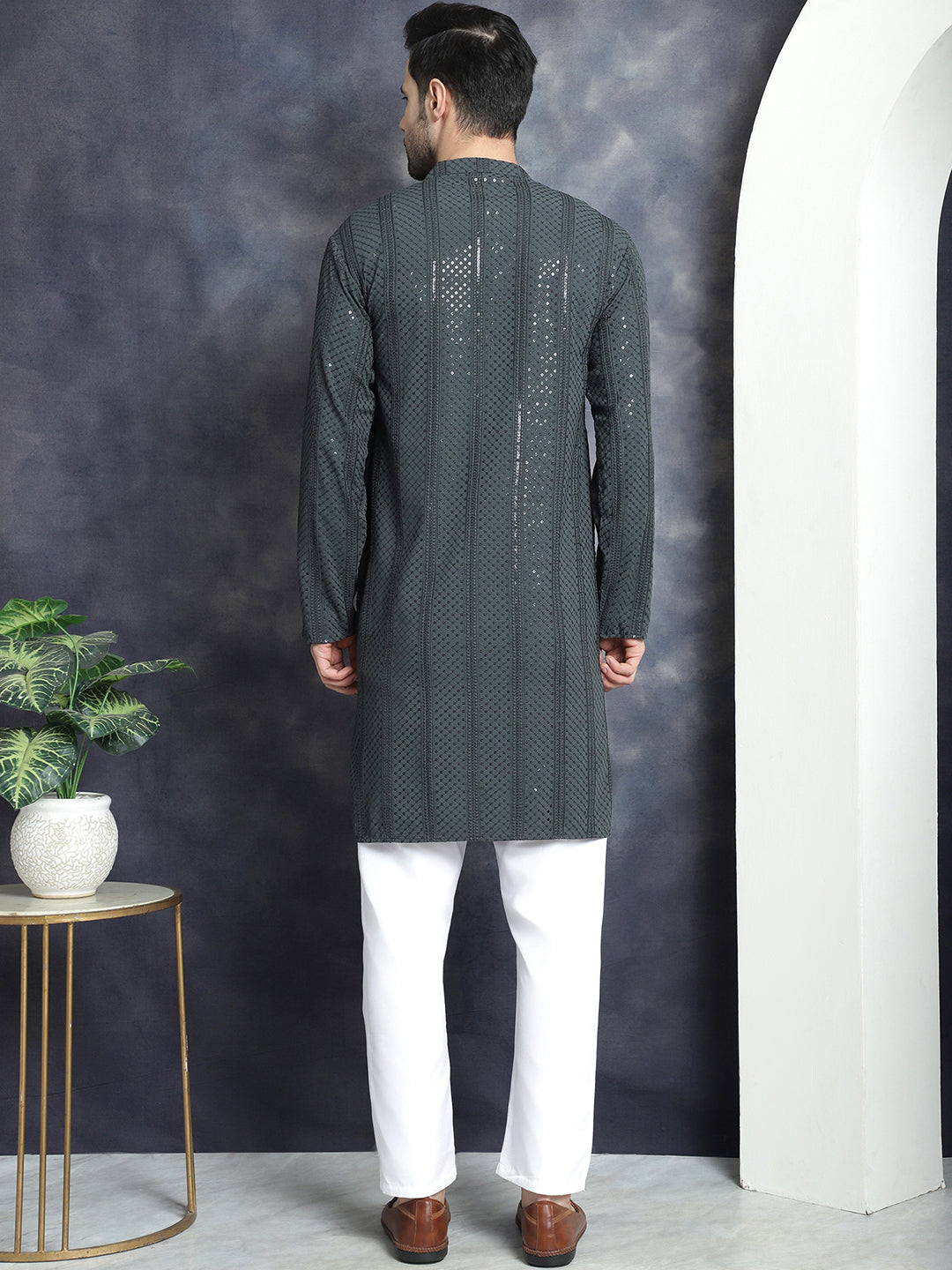 Jompers Men's Sequins Chikankari Embroidered Kurta with Pyjama - Grey | Grocsy