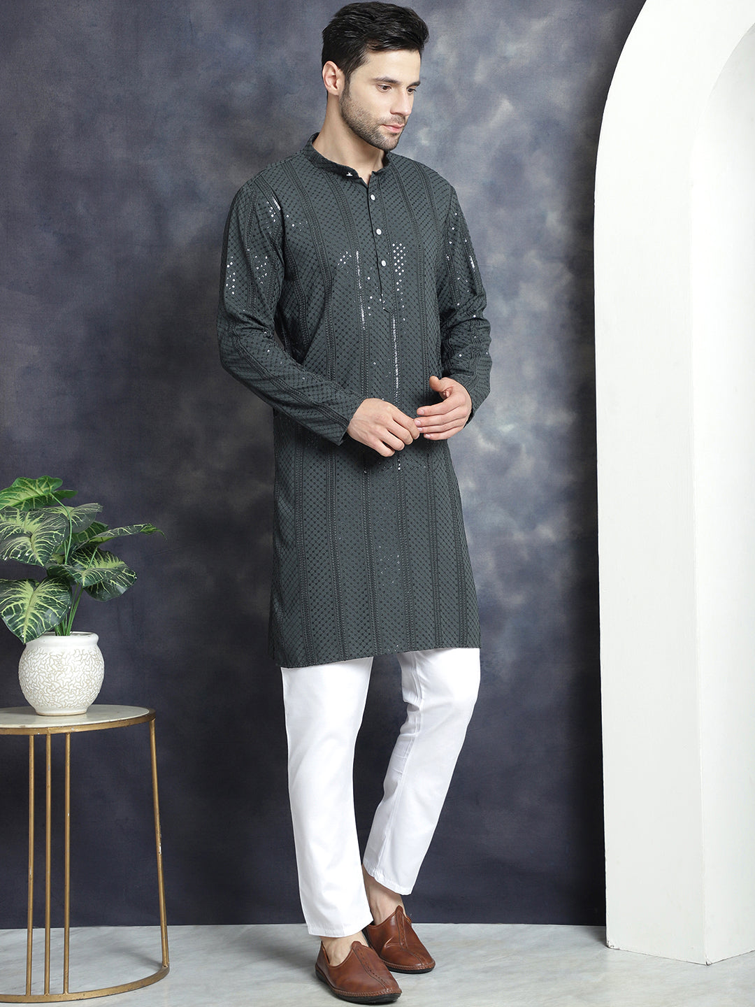 Jompers Men's Sequins Chikankari Embroidered Kurta with Pyjama - Grey | Grocsy
