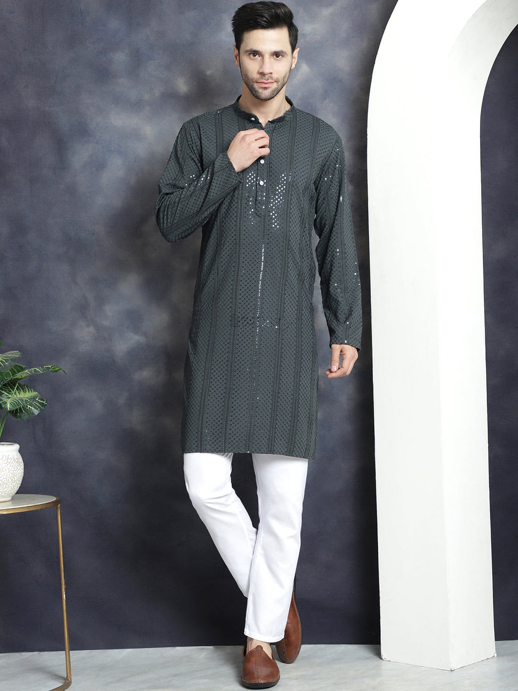 Jompers Men's Sequins Chikankari Embroidered Kurta with Pyjama - Grey | Grocsy
