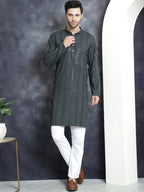 Jompers Men's Sequins Chikankari Embroidered Kurta with Pyjama - Grey | Grocsy