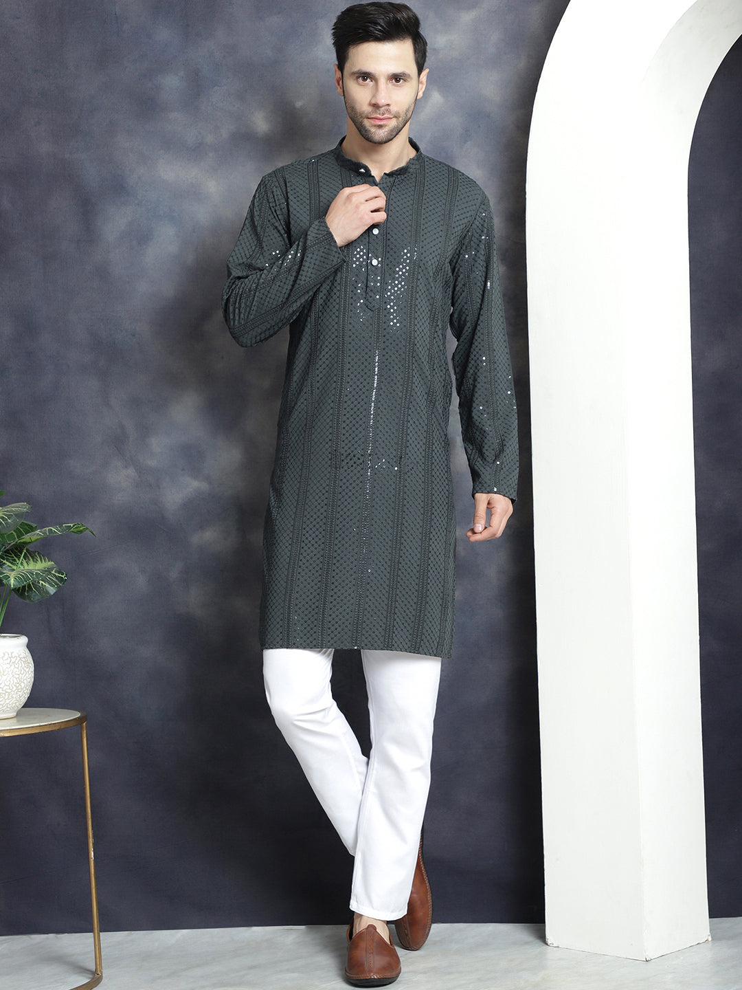 Jompers Men's Sequins Chikankari Embroidered Kurta with Pyjama - Grey | Grocsy