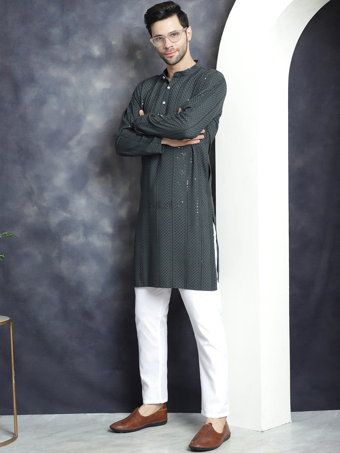Jompers Men's Sequins Chikankari Embroidered Kurta with Pyjama - Grey | Grocsy