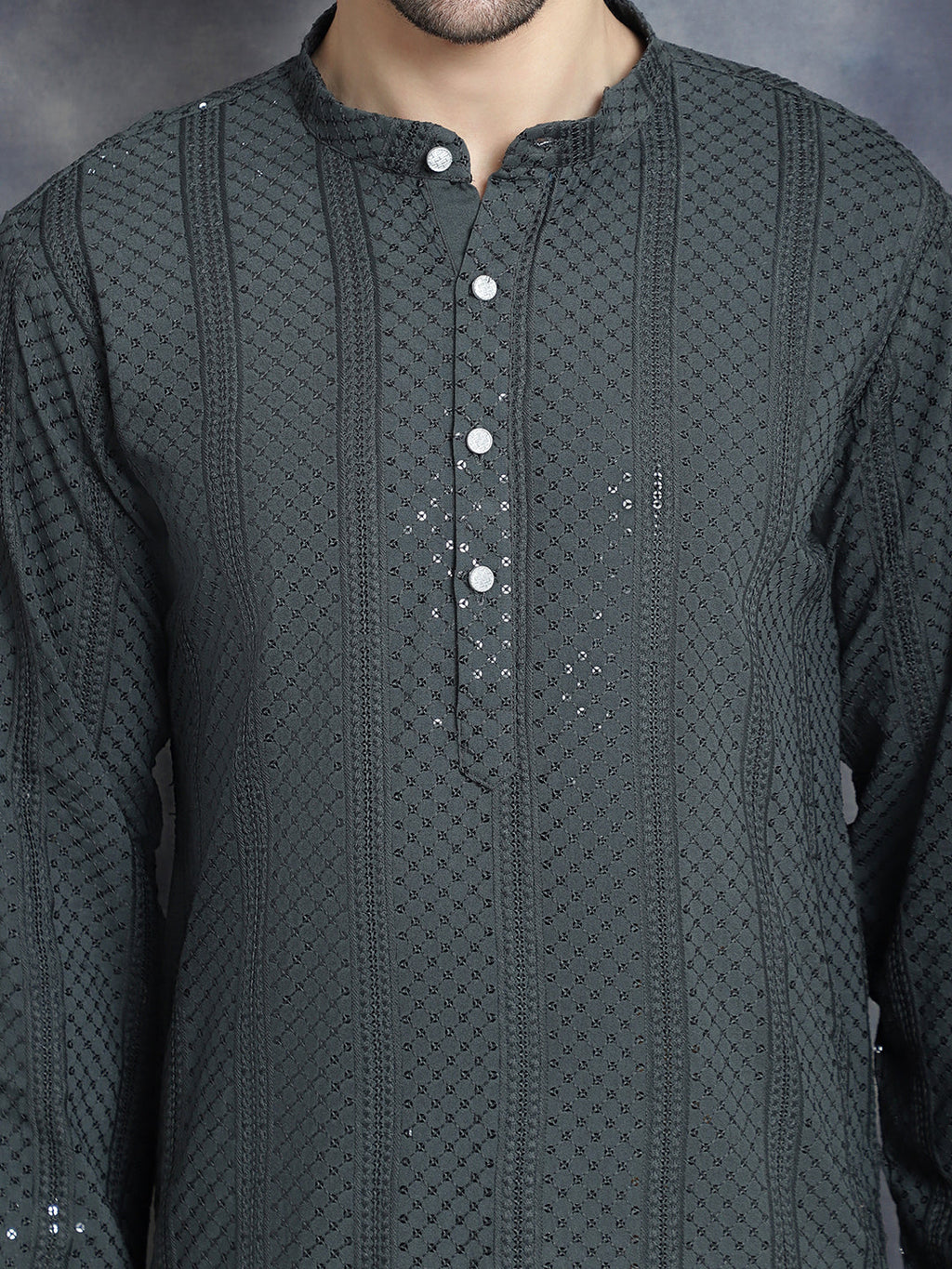 Jompers Men's Sequins Chikankari Embroidered Kurta with Pyjama - Grey | Grocsy
