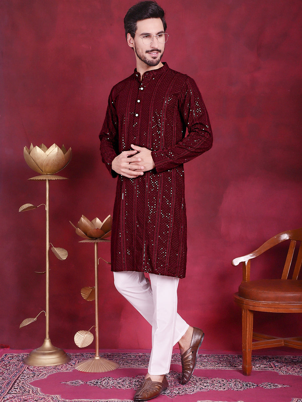 Jompers Men's Sequins Chikankari Embroidered Kurta with Pyjama - Maroon | Grocsy