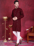 Jompers Men's Sequins Chikankari Embroidered Kurta with Pyjama - Maroon | Grocsy
