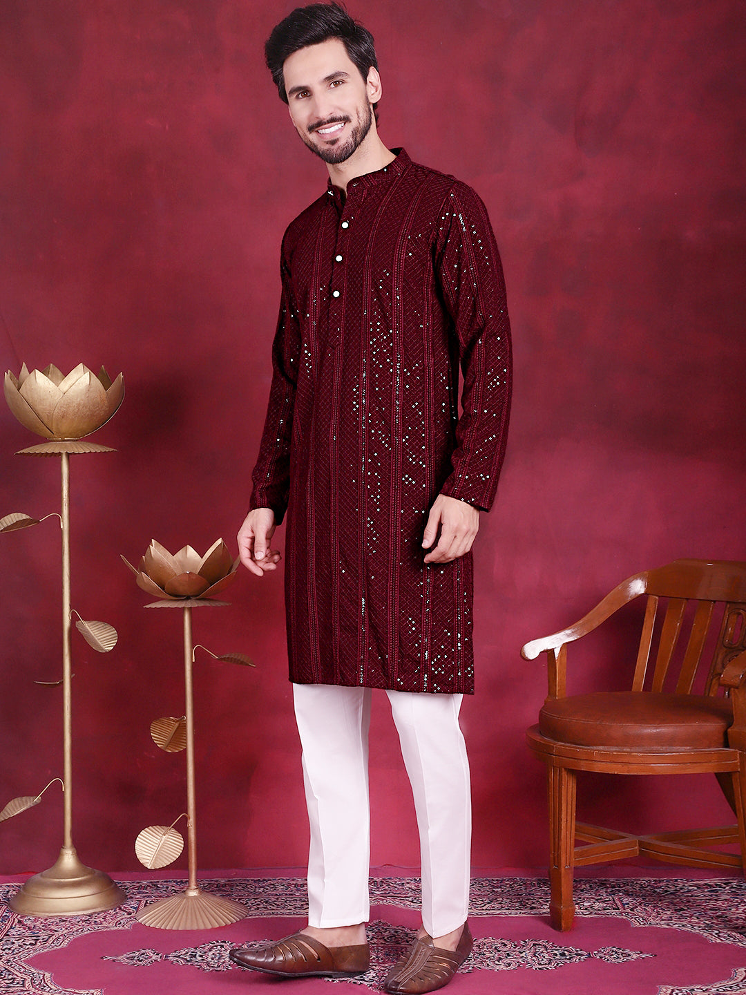 Jompers Men's Sequins Chikankari Embroidered Kurta with Pyjama - Maroon | Grocsy