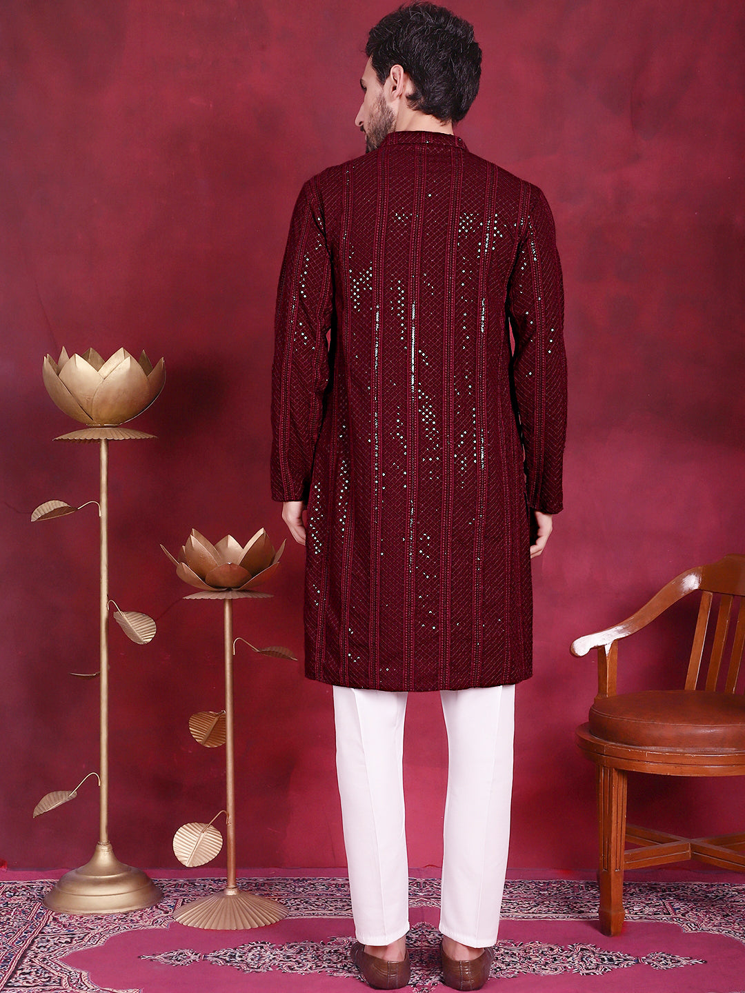 Jompers Men's Sequins Chikankari Embroidered Kurta with Pyjama - Maroon | Grocsy