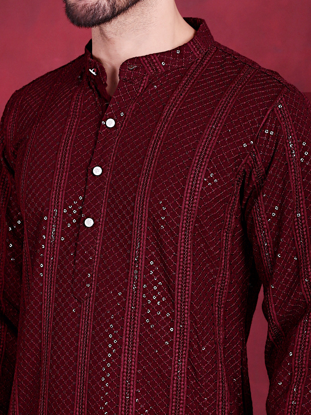 Jompers Men's Sequins Chikankari Embroidered Kurta with Pyjama - Maroon | Grocsy