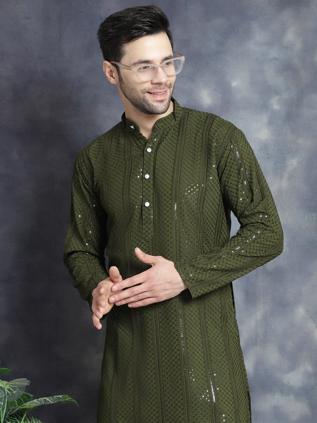 Jompers Men's Sequins Chikankari Embroidered Kurta with Pyjama - Mehndi | Grocsy