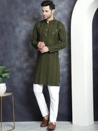 Jompers Men's Sequins Chikankari Embroidered Kurta with Pyjama - Mehndi | Grocsy