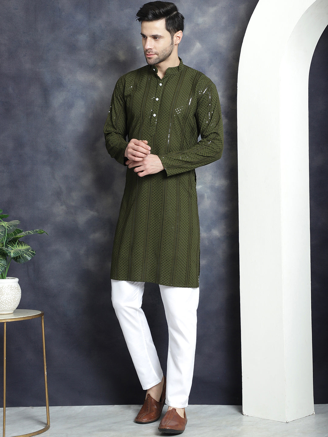 Jompers Men's Sequins Chikankari Embroidered Kurta with Pyjama - Mehndi | Grocsy