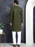 Jompers Men's Sequins Chikankari Embroidered Kurta with Pyjama - Mehndi | Grocsy